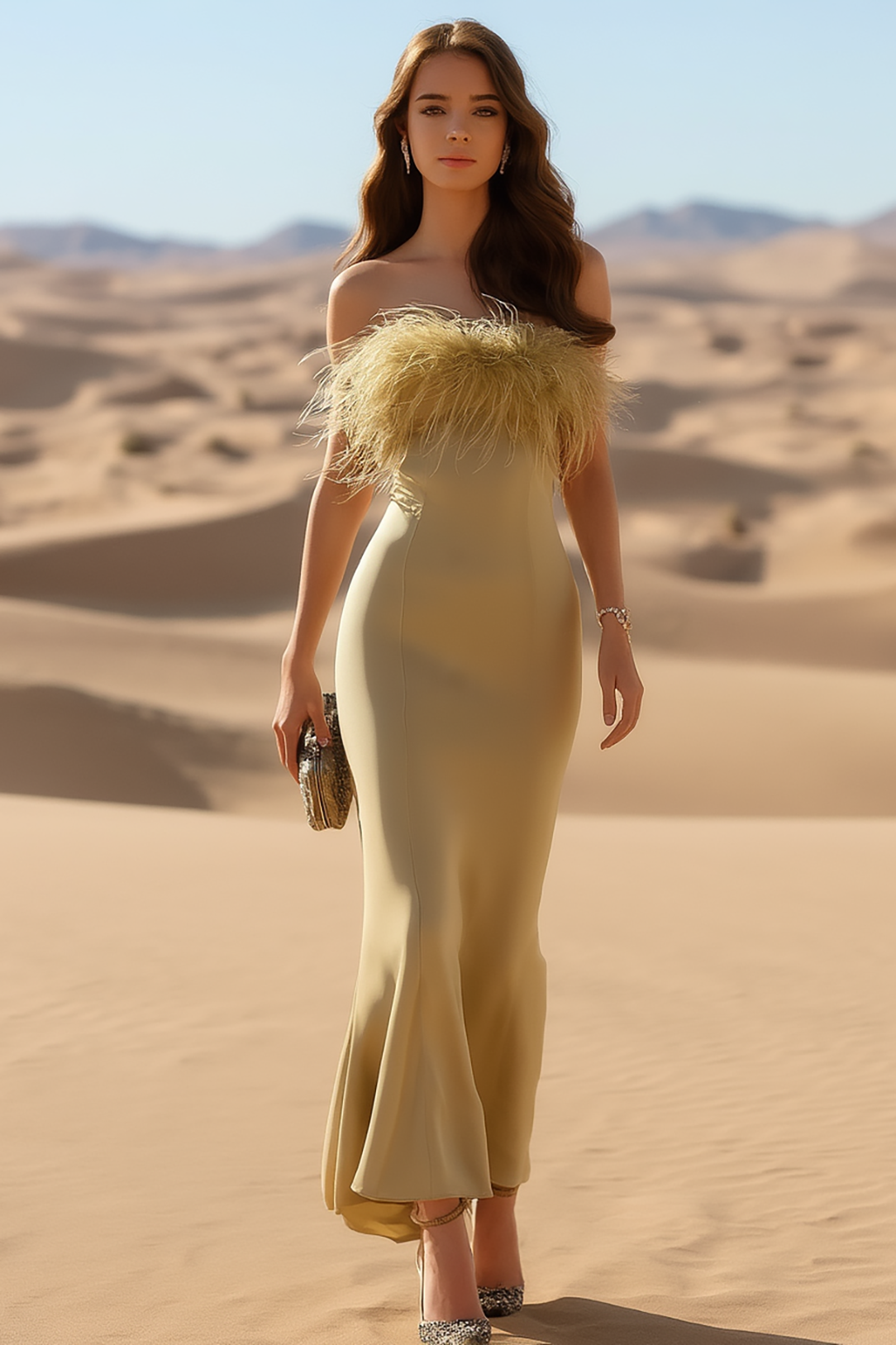 Cocktail Party Dress Light Brown Feather Strapless Maxi Dress 