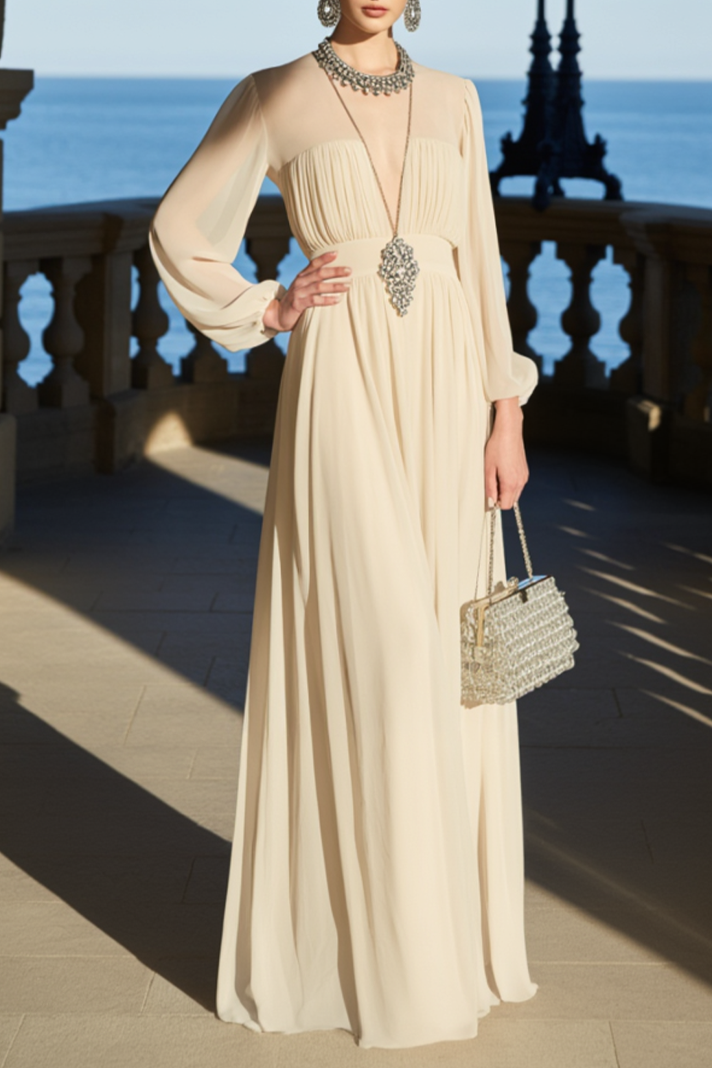 Formal Evening Dress Beige Chiffon Long Sleeve Deep V Maxi Dress