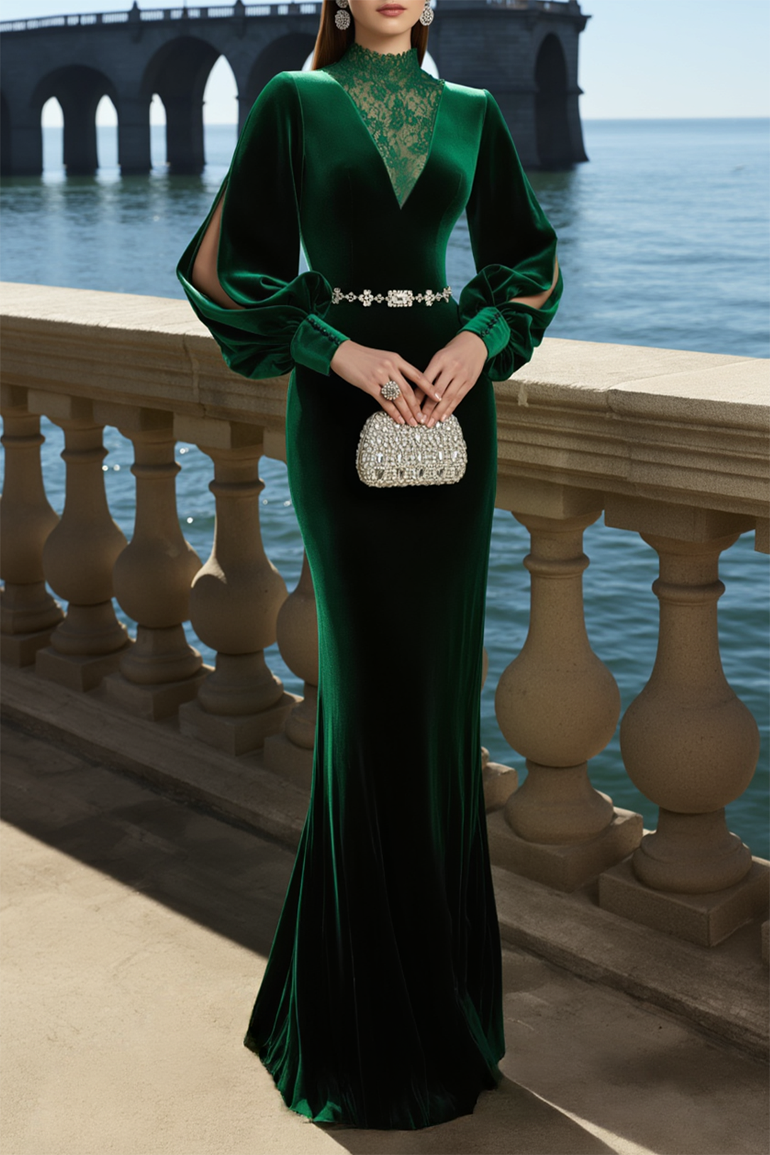 Formal Evening Dress Velvet Dark Green Puff Sleeve Stand Neck Lace Maxi Dress