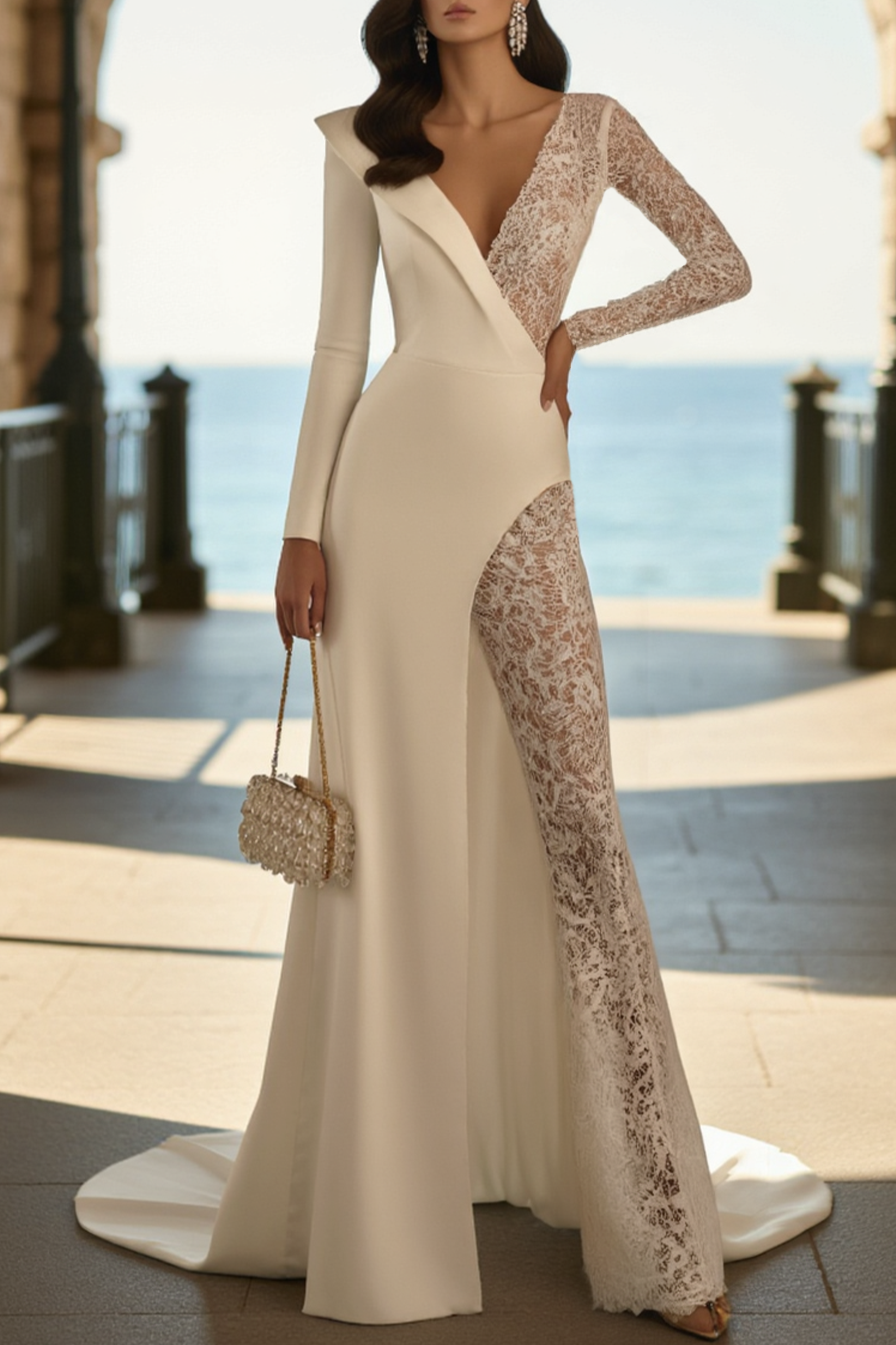 Formal Evening Jumpsuit White Deep V Long Sleeve Lace with Train