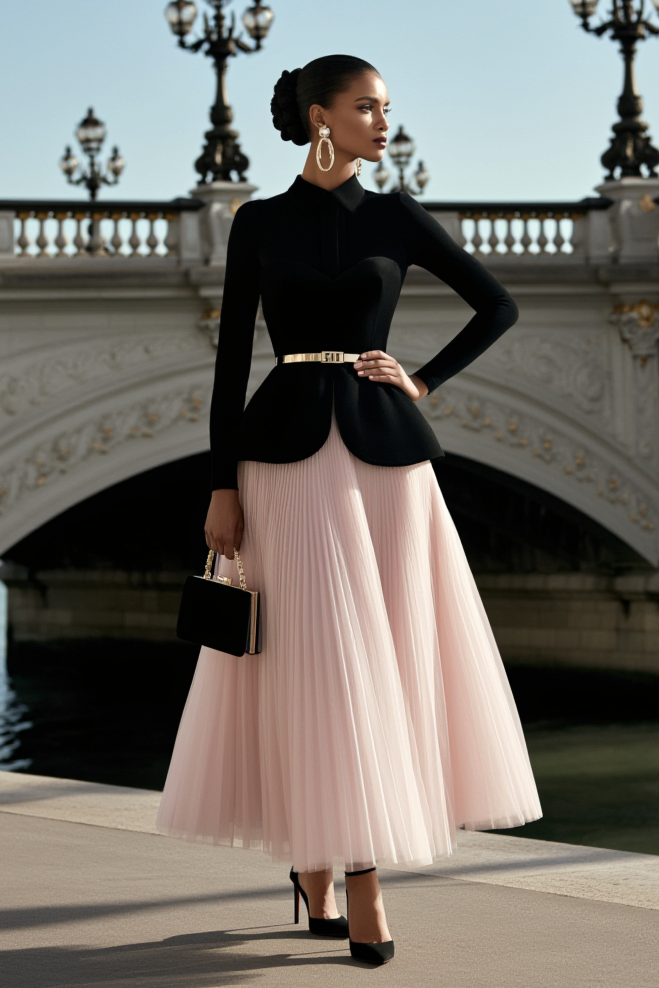 Cocktail Party Skirt Sets Black Long Sleeve Top Pink Pleated Maxi Skirt