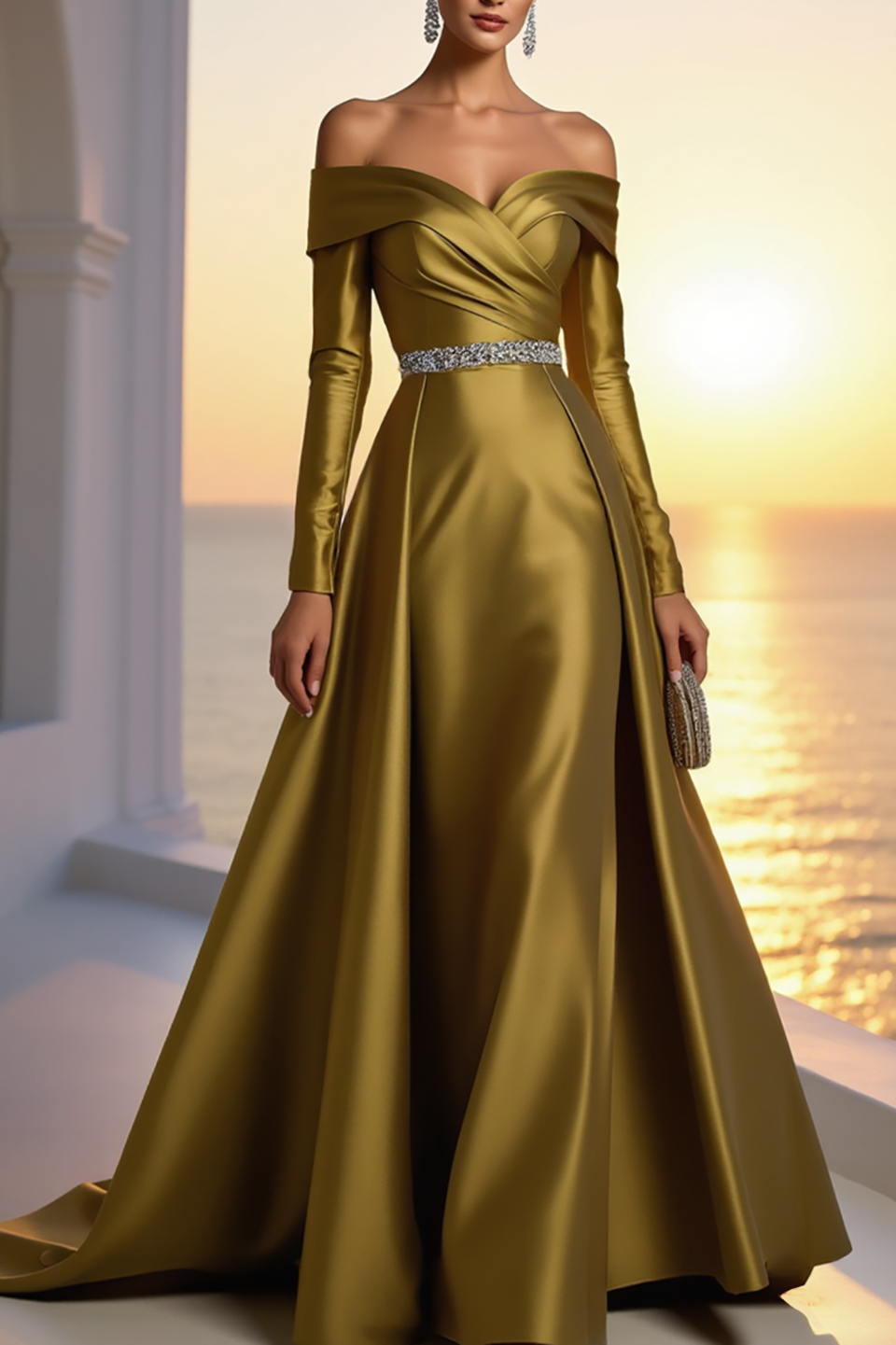 Formal Golden Satin Dress Off The Shoulder Long Sleeve Maxi Gown
