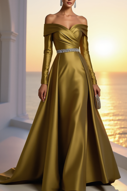 Formal Golden Satin Dress Off The Shoulder Long Sleeve Maxi Gown