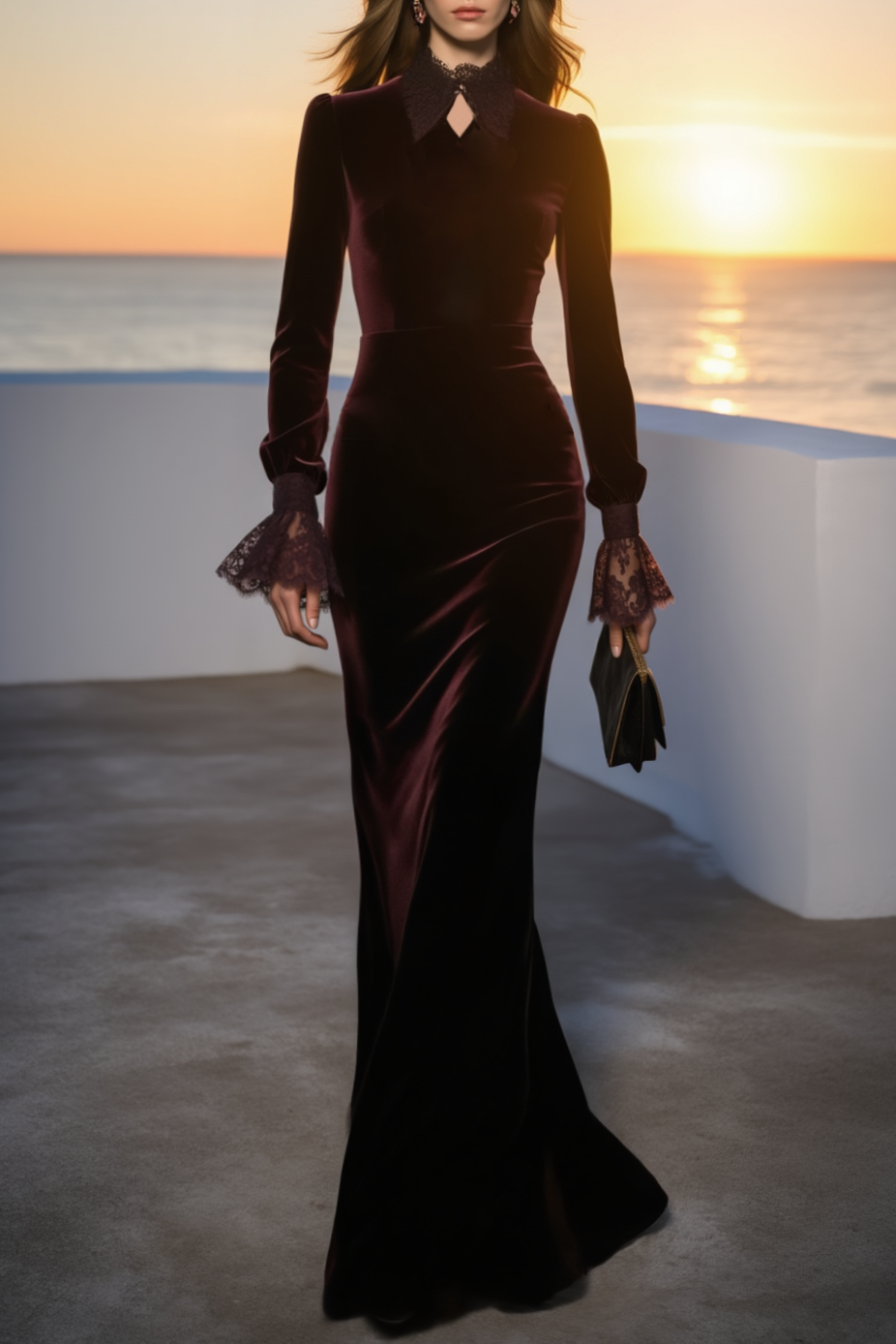 Formal Evening Burgundy Velvet Dress Long Sleeve Collared Maxi Gown