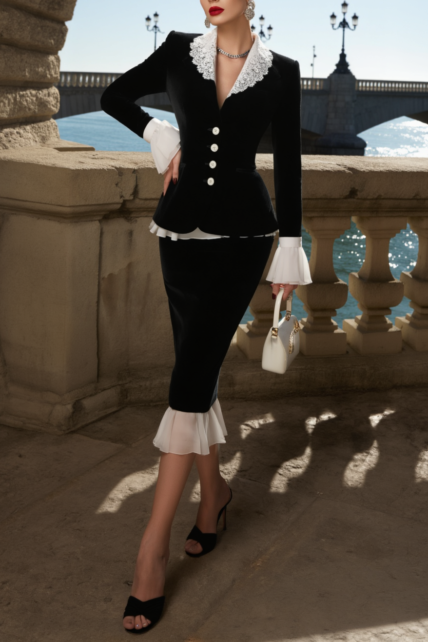 Work Velvet Skirt Set Black V Neck Jacket with Lace Collar Skirt