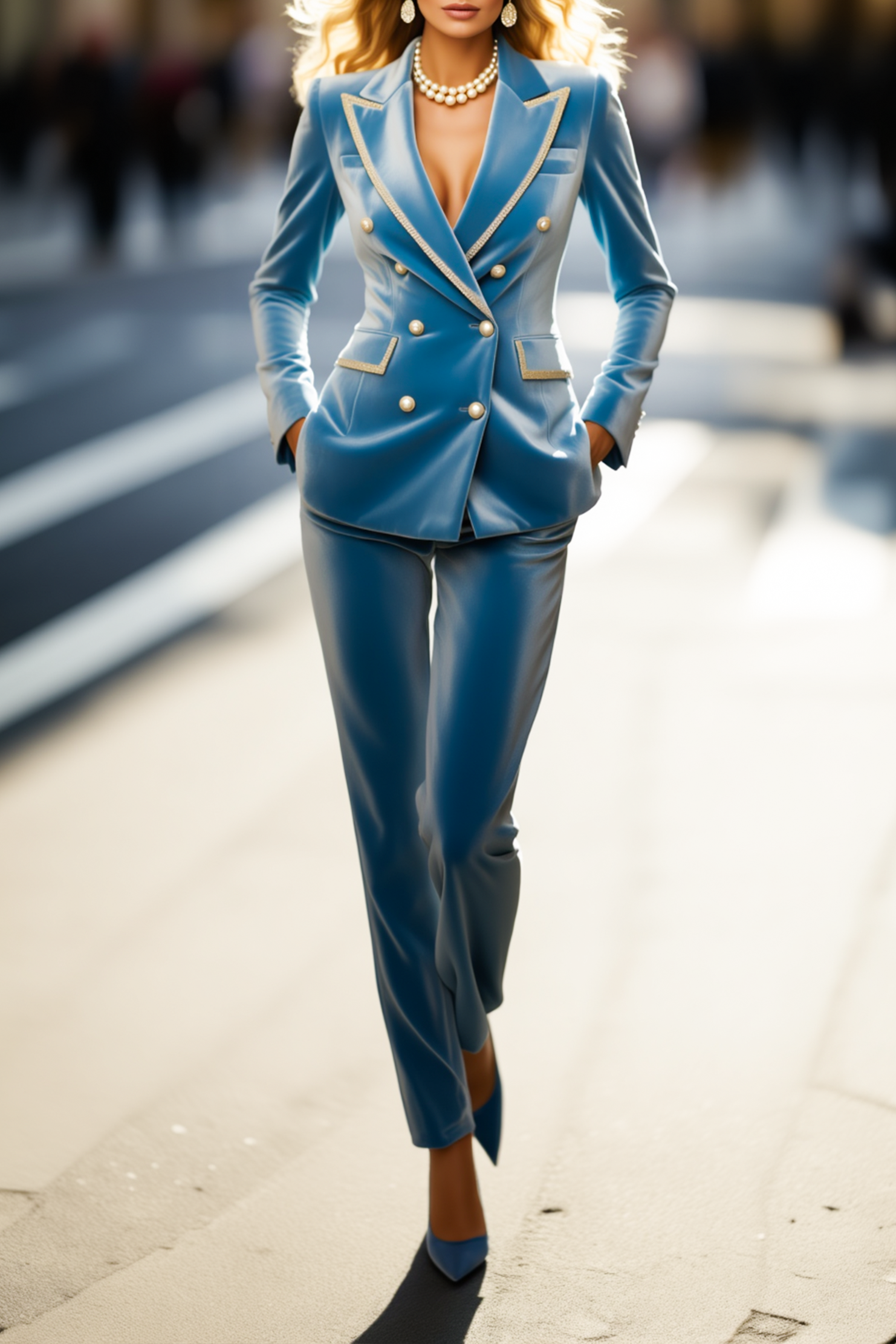 Work Velvet Blazer Suit Blue Long Sleeve Lapel Pant Set