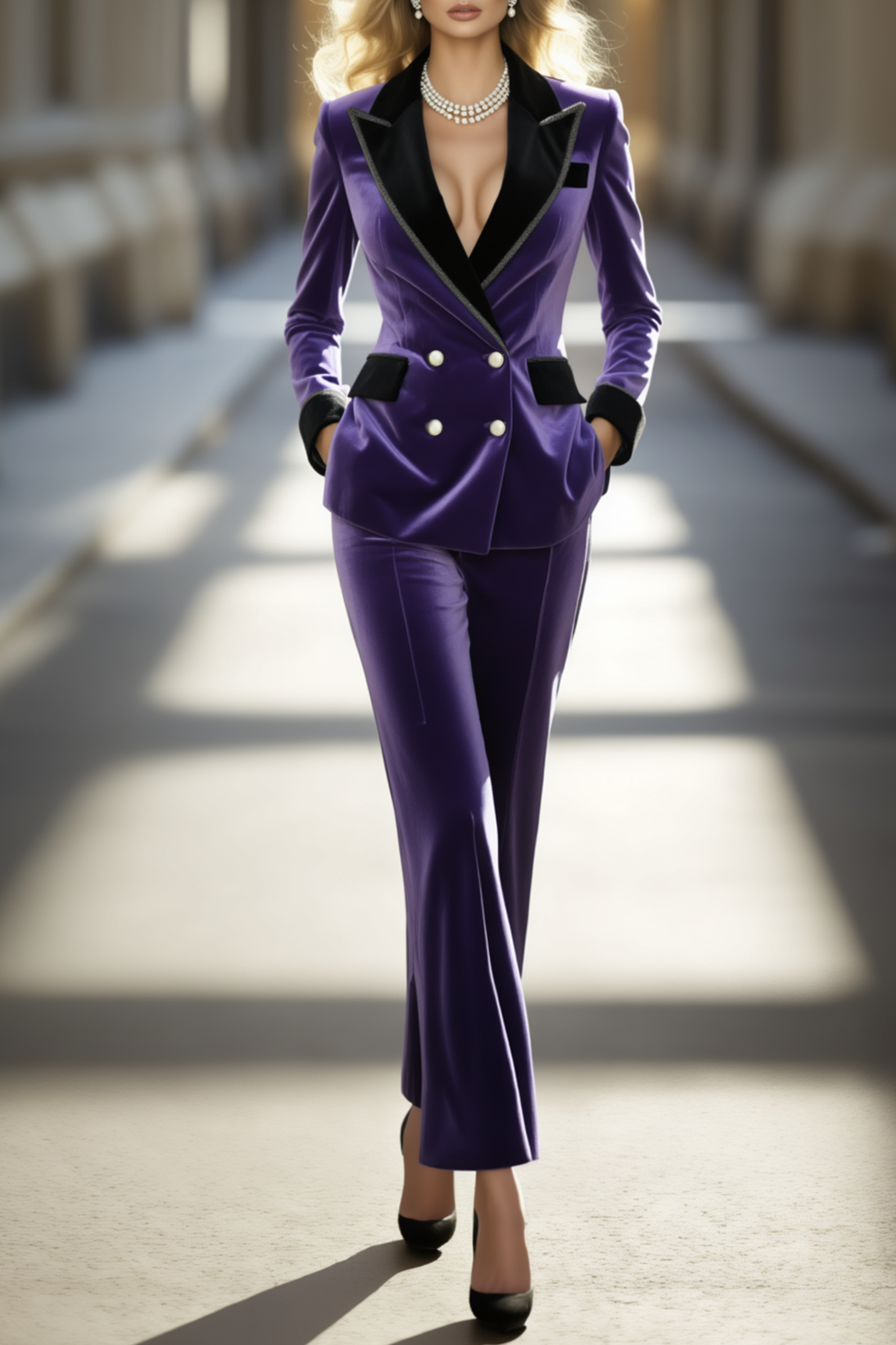 Work Velvet Pant Suit Purple Long Sleeve Blazer with Black Lapel