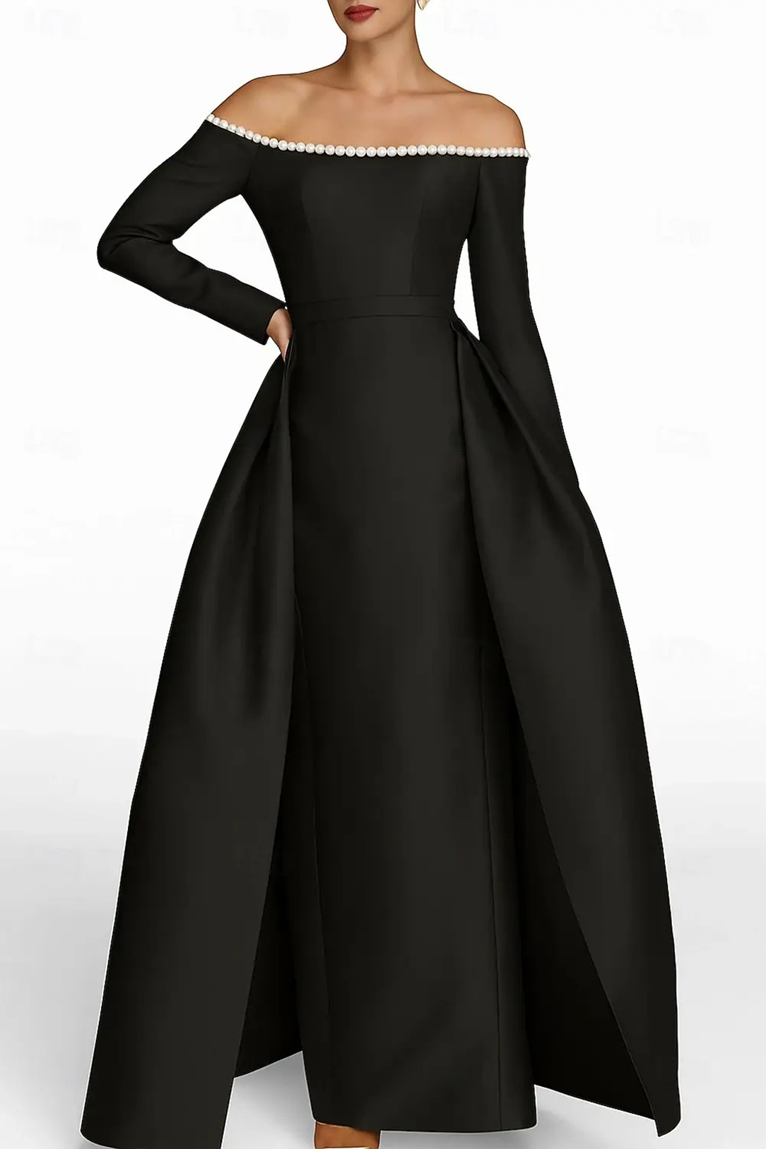 Formal Evening Dress Black Off The Shoulder Maxi Gown with Pearls