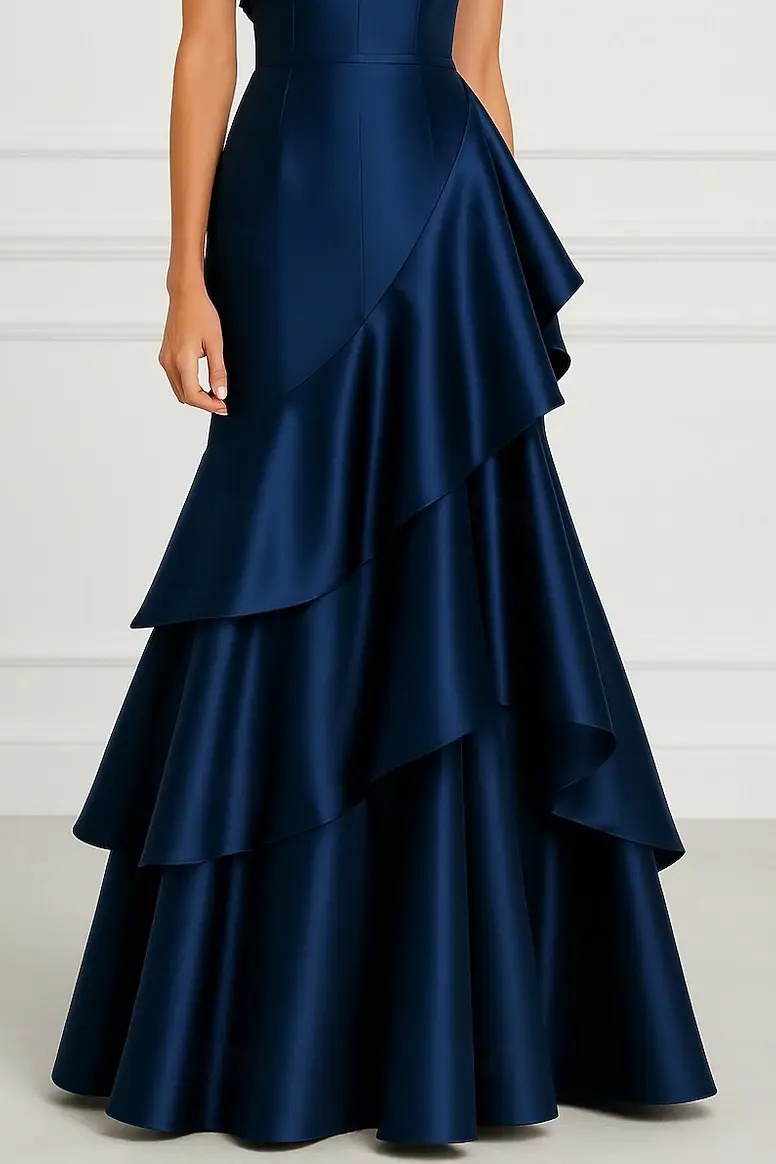 Formal Evening Dress Dark Blue One-Shoulder Satin Tiered Maxi Gown