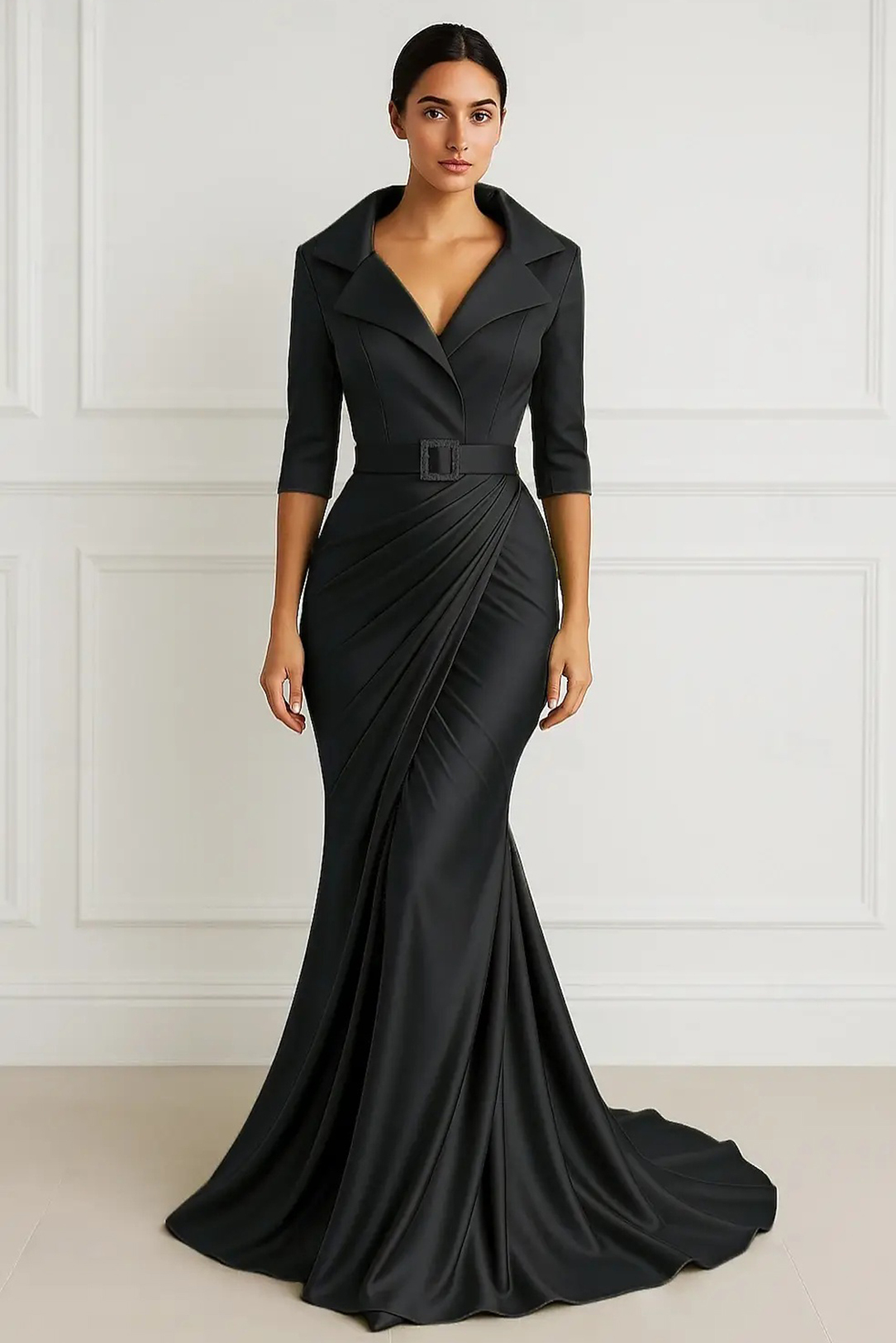 Formal Evening Dress Black Collared Belted Wrap Maxi Gown
