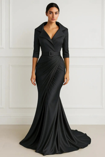 Formal Evening Dress Black Collared Belted Wrap Maxi Gown