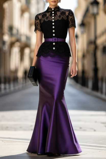 Evening Set Black Lace Belted Top with Purple Mermaid Maxi Skirt