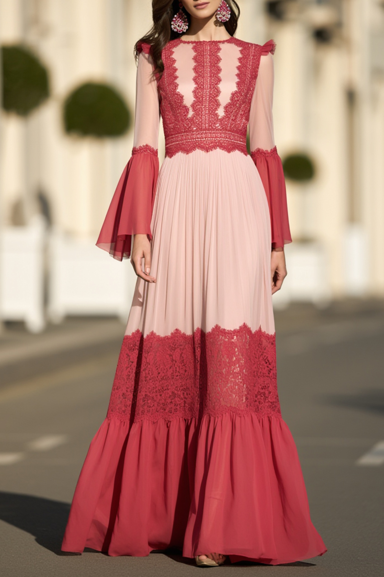 Holiday Pink Dress Lace Chiffon Crew Neck Bell Long Sleeve Maxi Dress