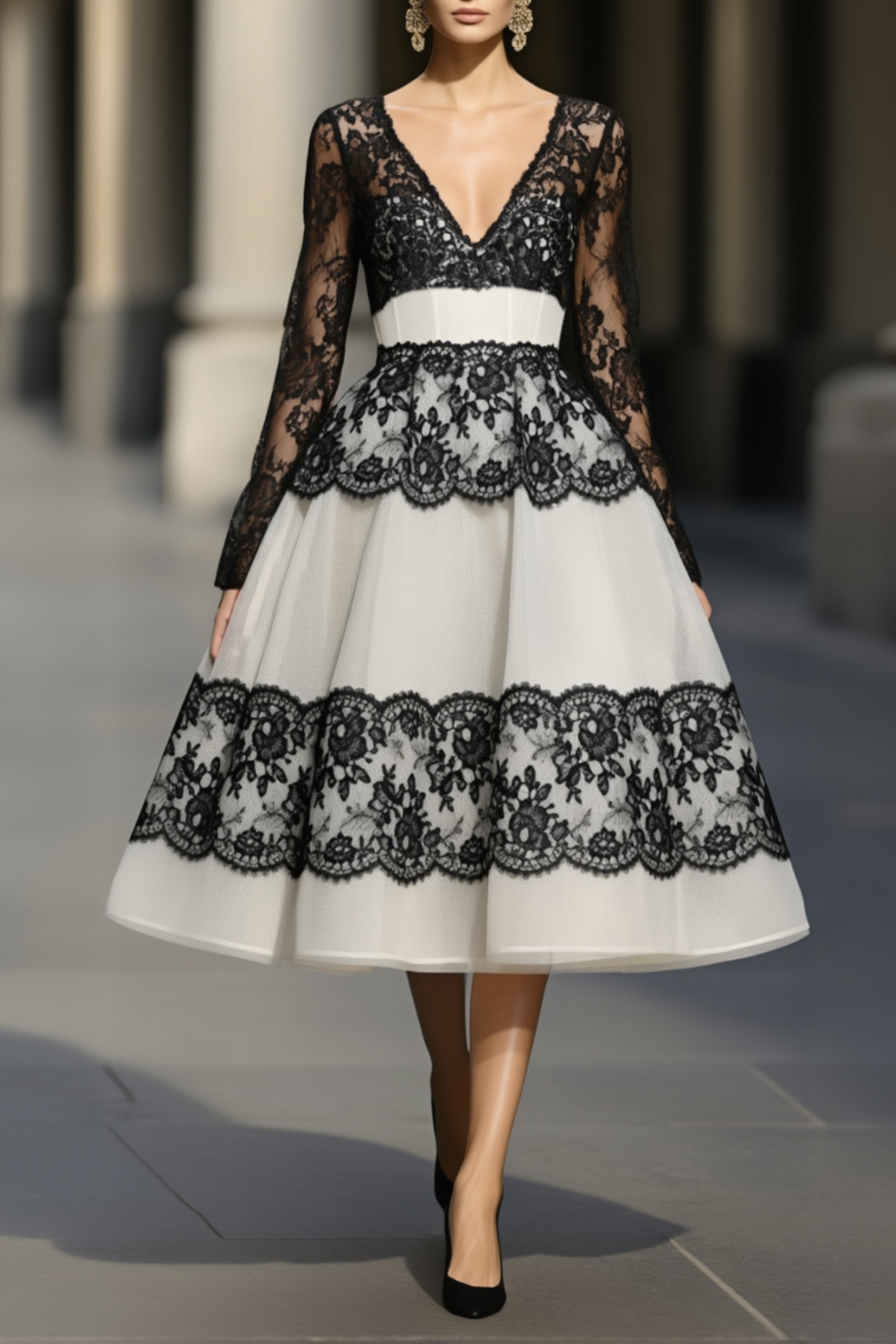 Party Prom Dress Black White Lace Deep V Long Sleeve A-Line Midi Dress