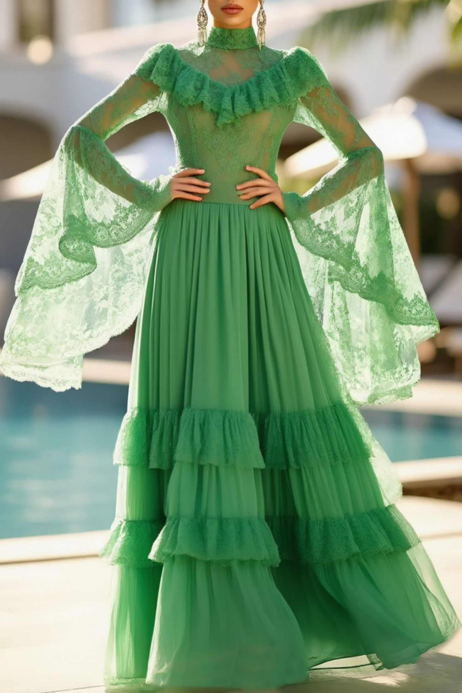 Holiday Dress Green Lace Chiffon Stand Collar Long Sleeve Maxi Dress