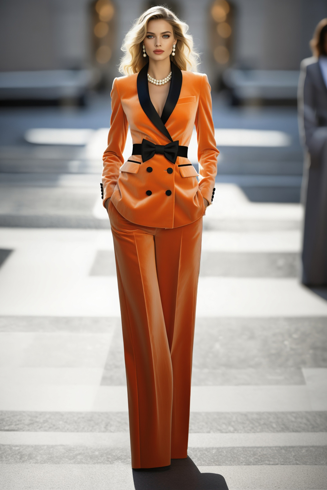Work Formal Velvet Blazer Suit Orange Long Sleeve with Waist Bow & Pants