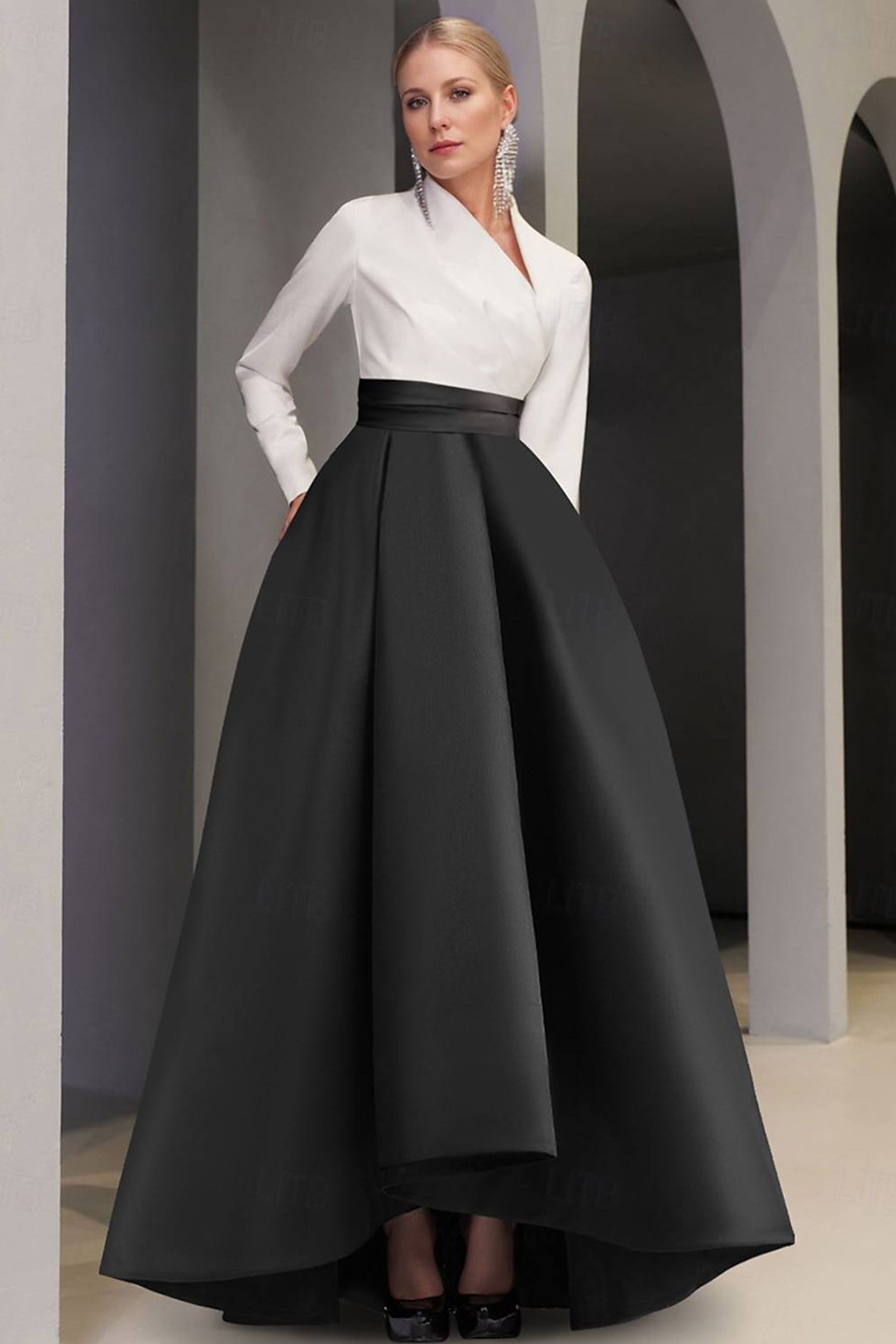 Formal Dress Black White Long Sleeve Asymmetrical Neck A-Line Gown