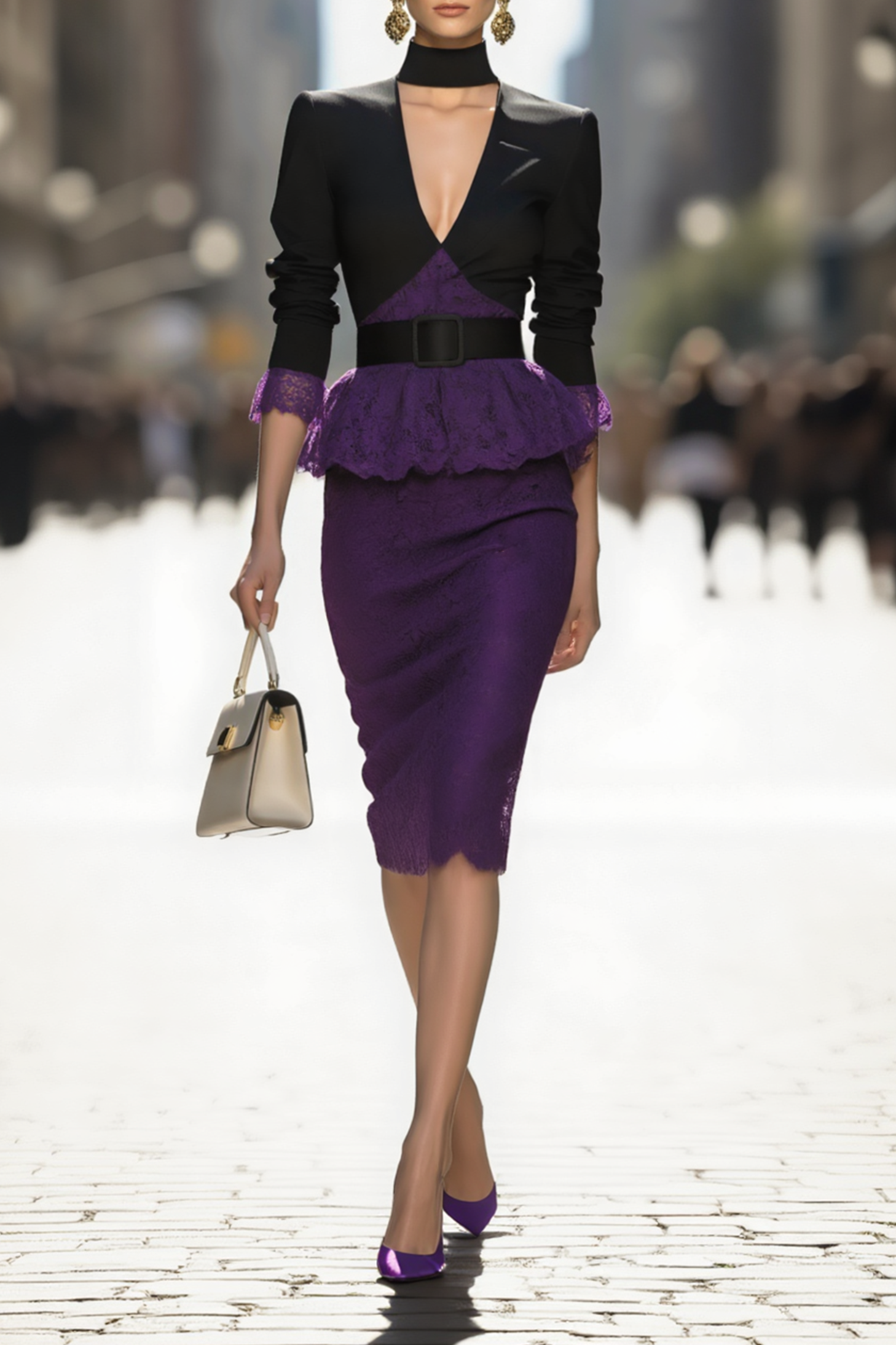 Work Semi-Formal Set Black Deep V Top with Purple Lace Midi Skirt
