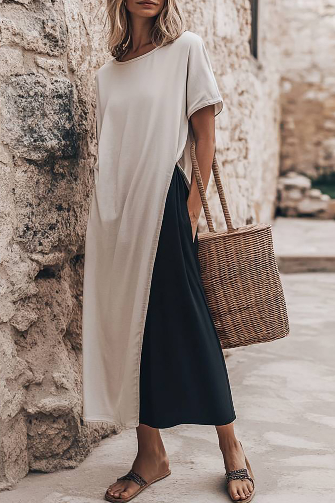 Casual Vacation Dress Colorblock Round Neck Pocketed Maxi Dress