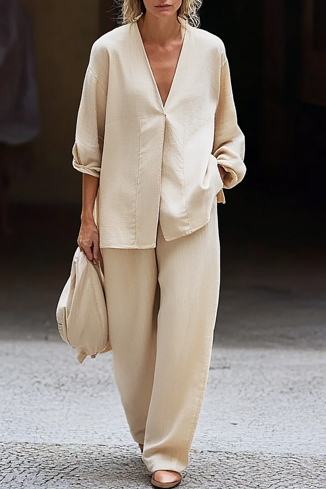 Daily Casual Set Beige Deep V Linen Long Sleeve Pants Set