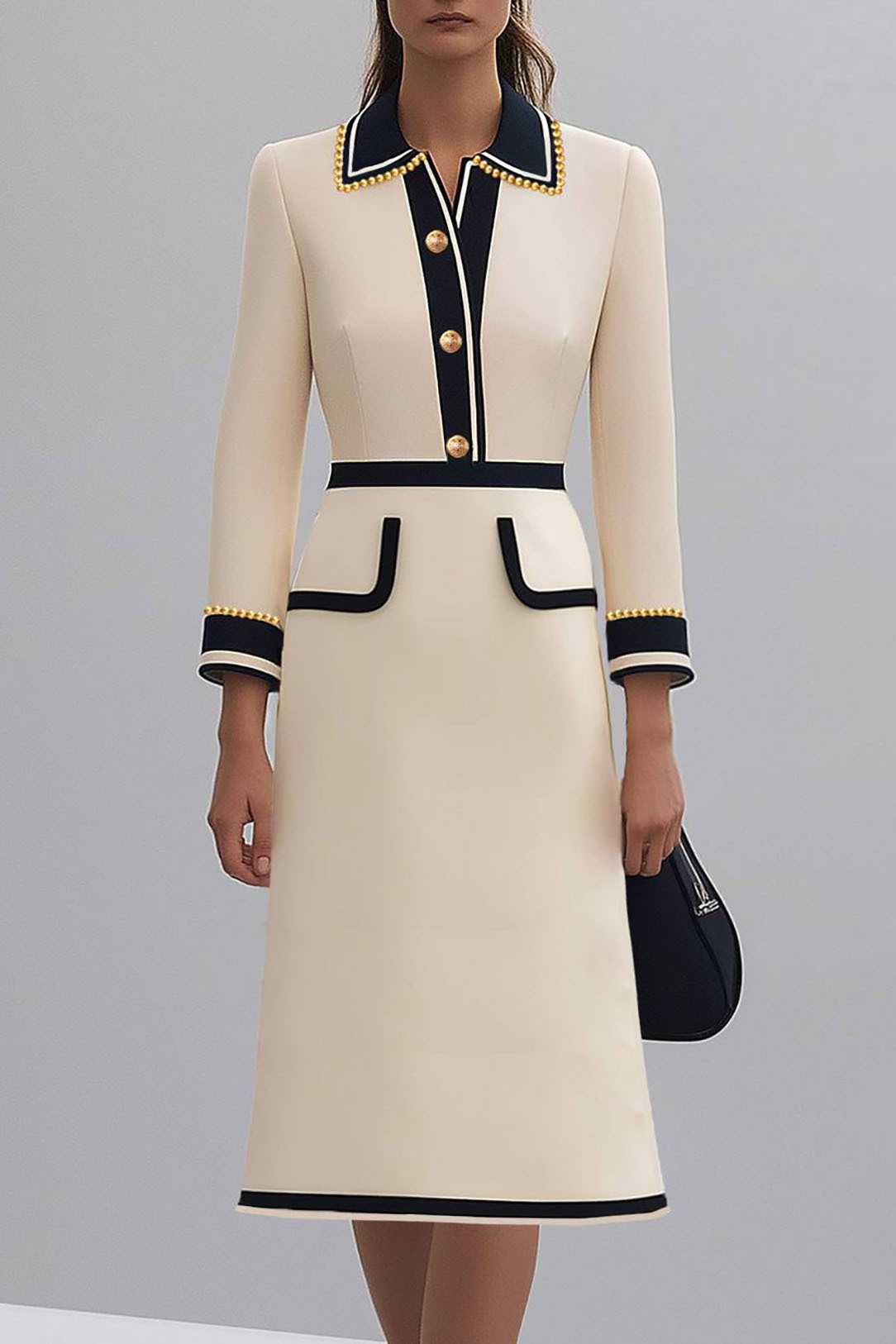 White work blazer dress with collar and pearls
