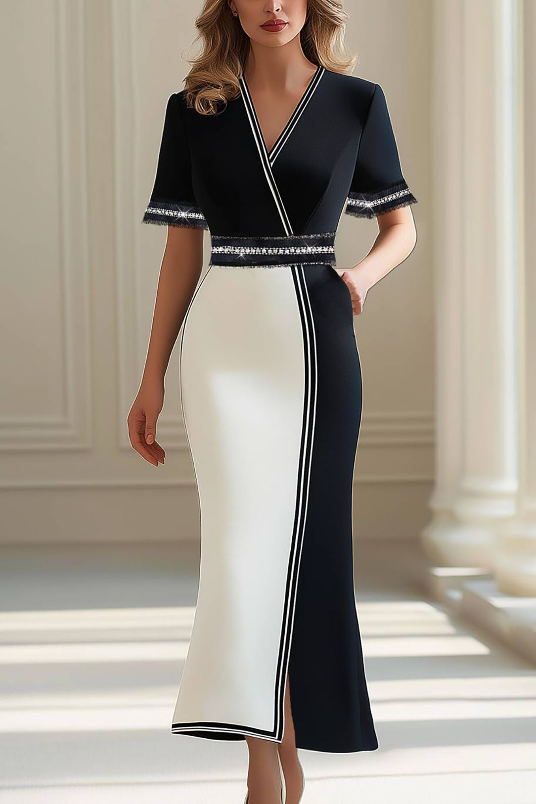 Black white work dress with V neck and lace trimss