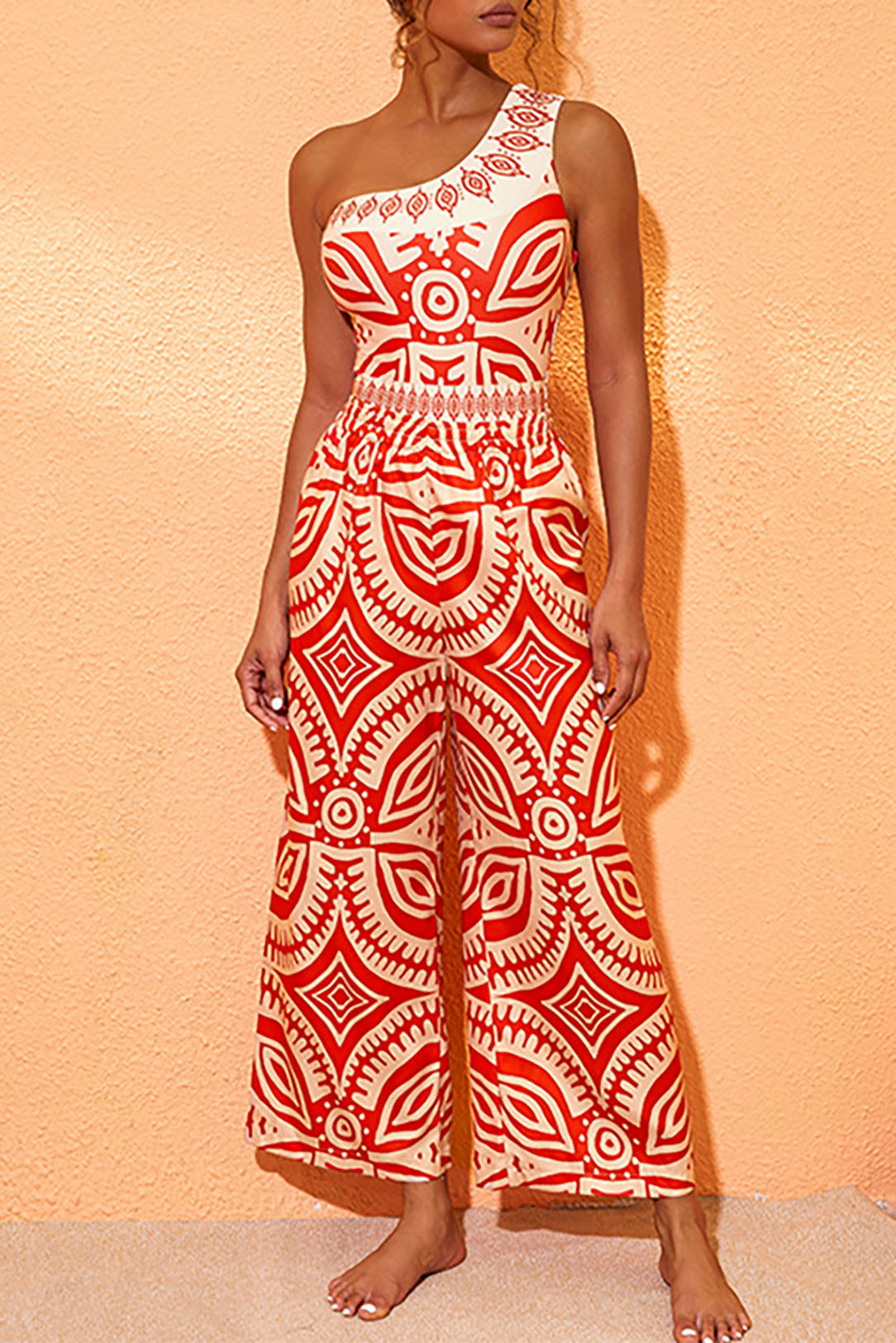 Ethnic Style Off-Shoulder One-Piece Swimsuit and Beach Pants Set