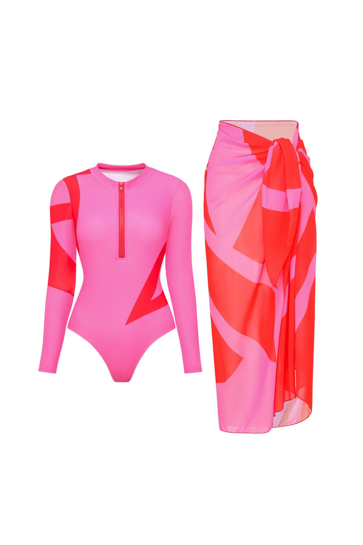 Long-Sleeved Printed Color-Blocked One-Piece Swimsuit and Cover-Up