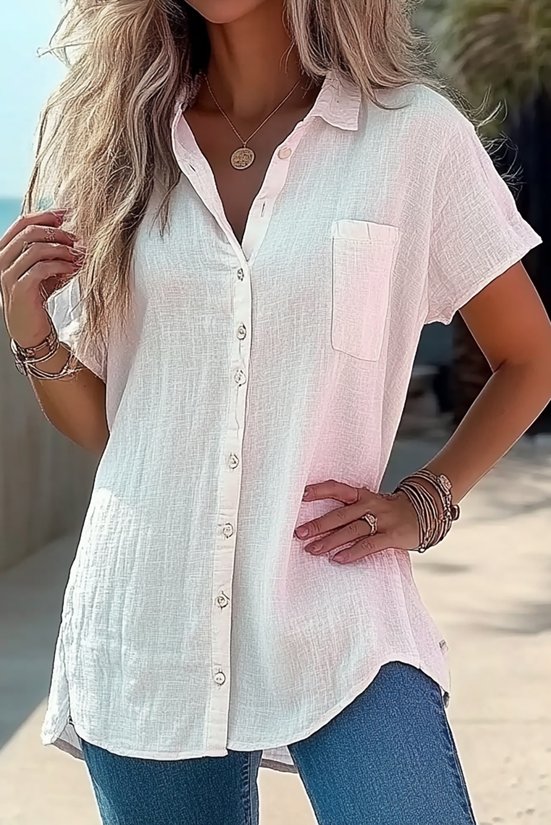 Casual Daily Top White Linen Collared Button-Up with Pockets Shirt