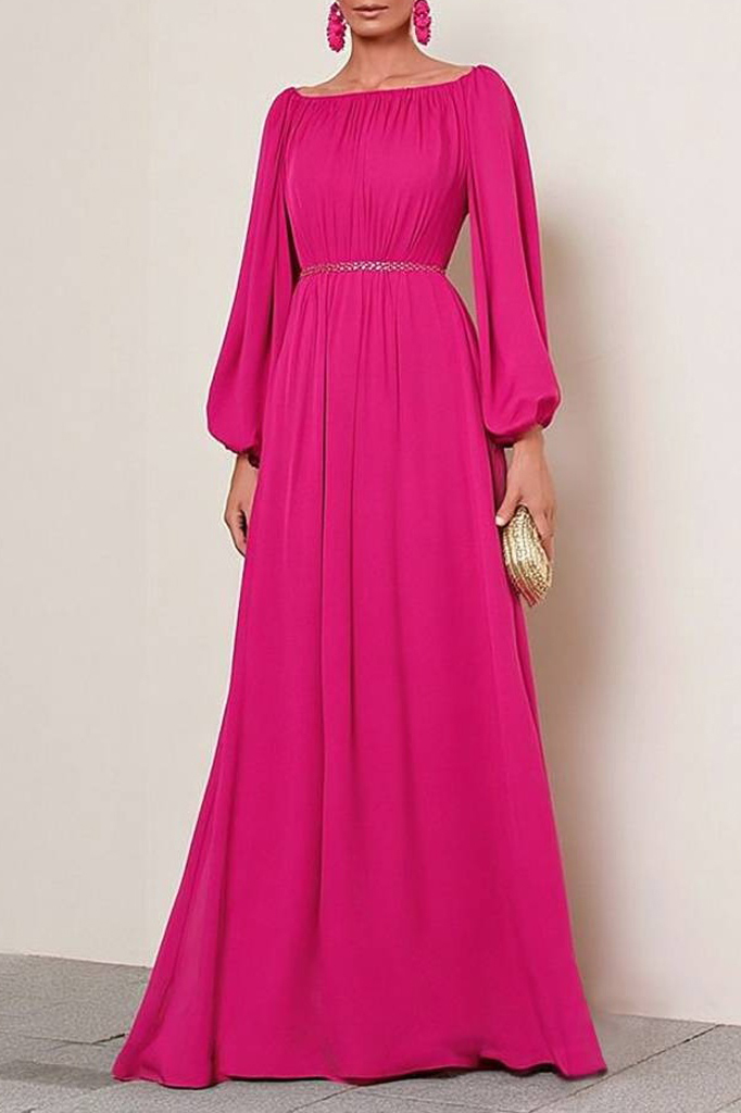 Formal ​Evening Dress Neon Pink Crew Neck Long Sleeve Maxi Dress