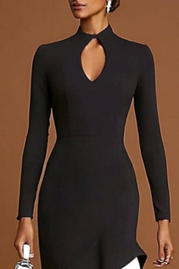 Formal Evening Dress Black White Stand Collar Ruffle Maxi Dress