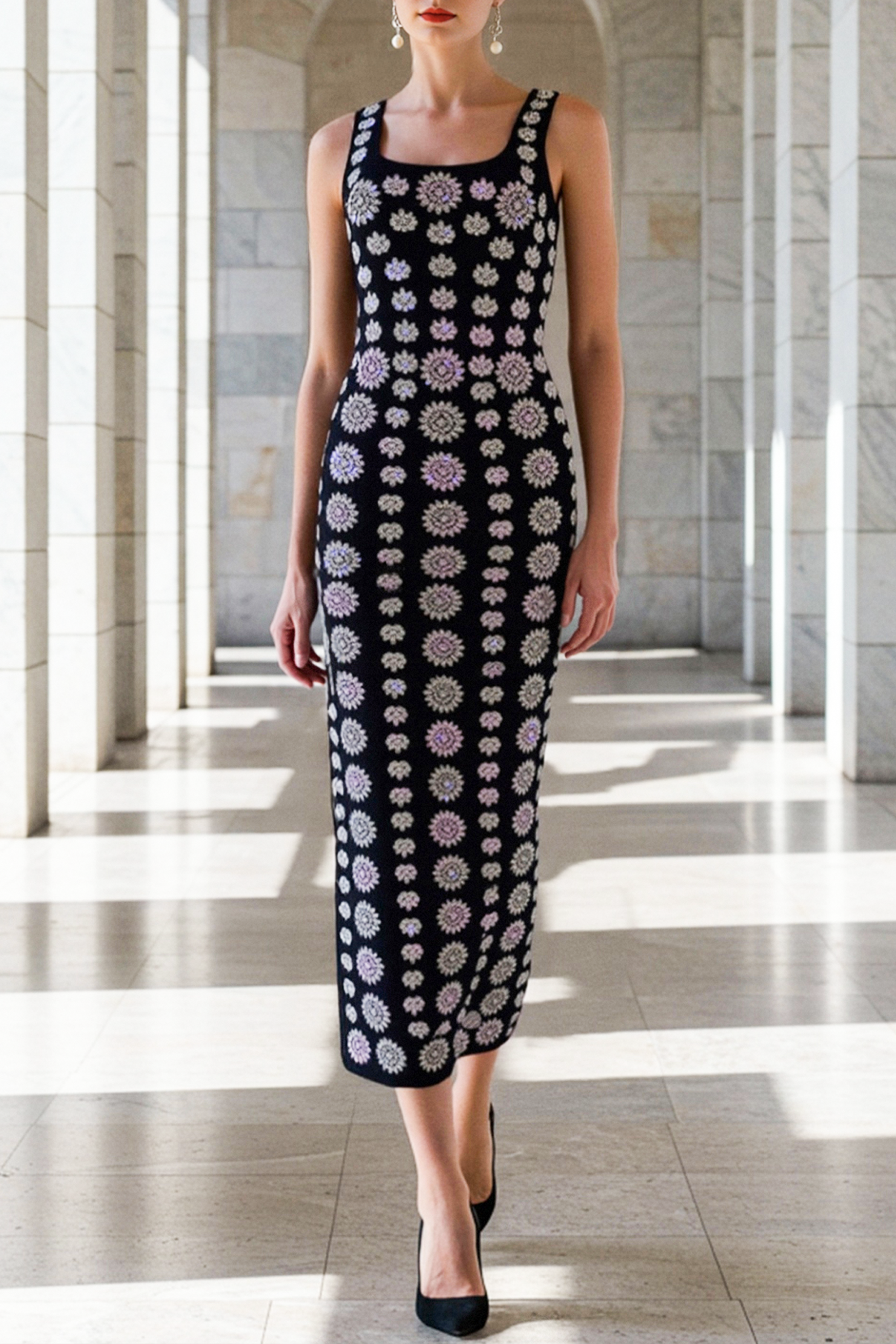 Party Dress​ Black Wide Strape Floral Midi Dress-chiclody