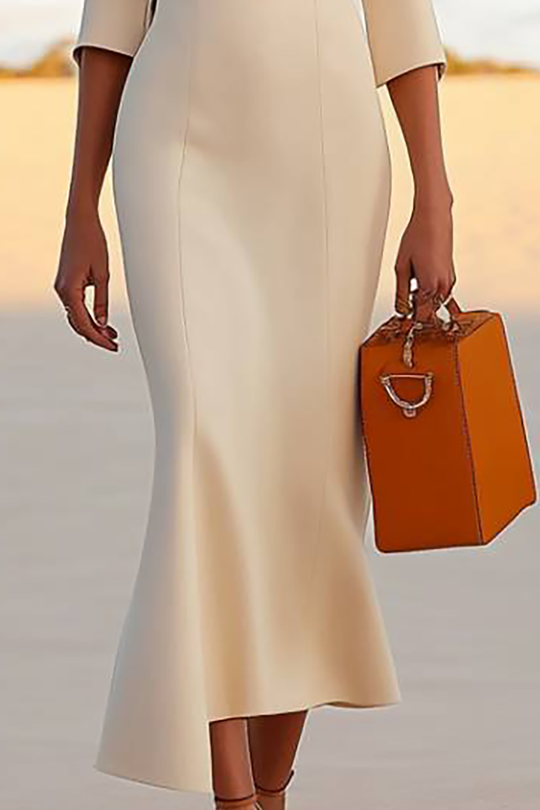 Work Semi-Formal Beige Dress Long Sleeves Midi Dress With Buttons