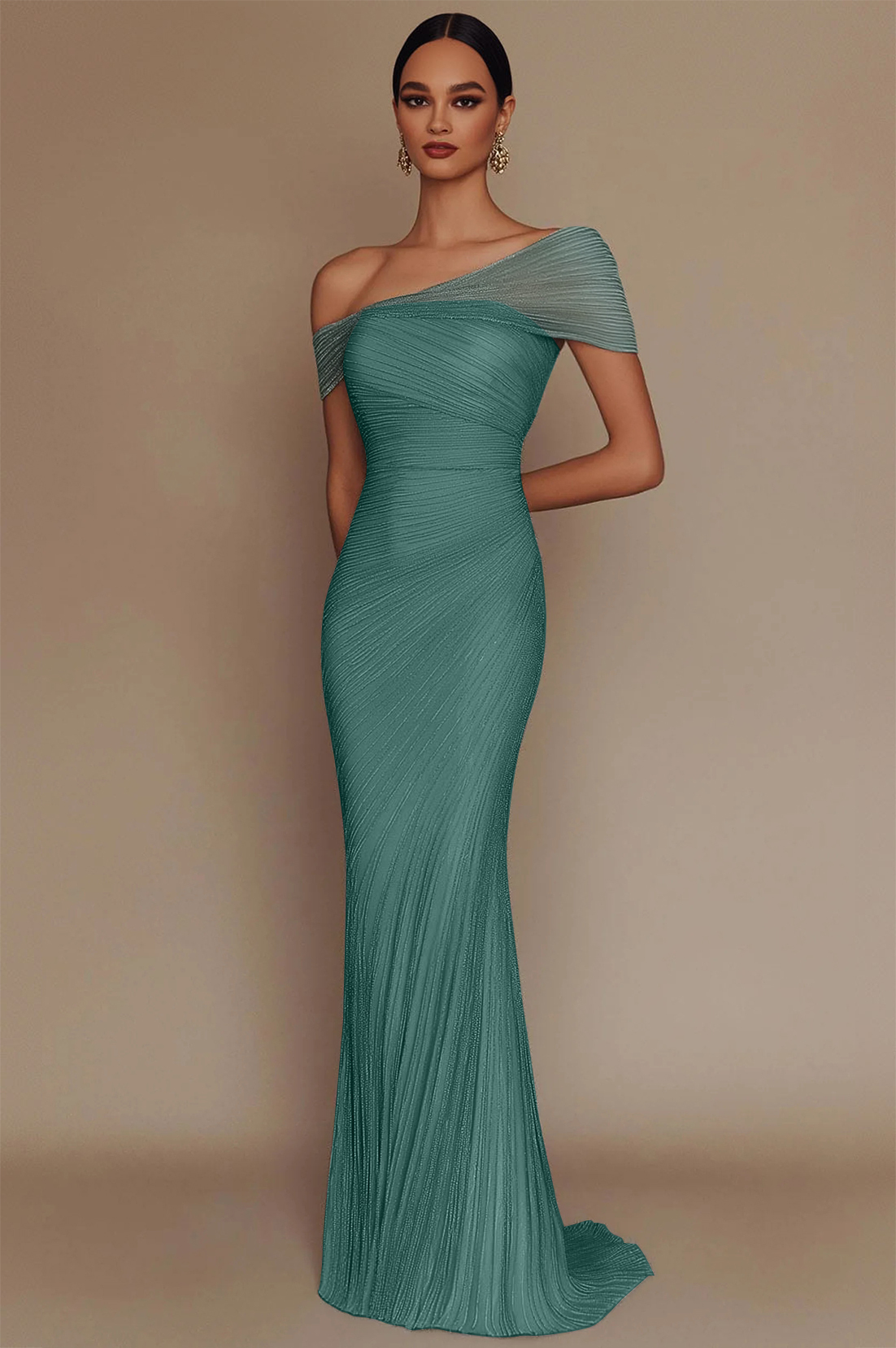Evening Prom Light Blue Gown One Shoulder Glitter Pleated Maxi Dress