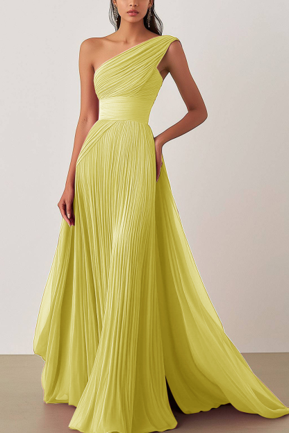 Prom Formal Pleated Dress Rose Color One-Shoulder Floor-Length Dress