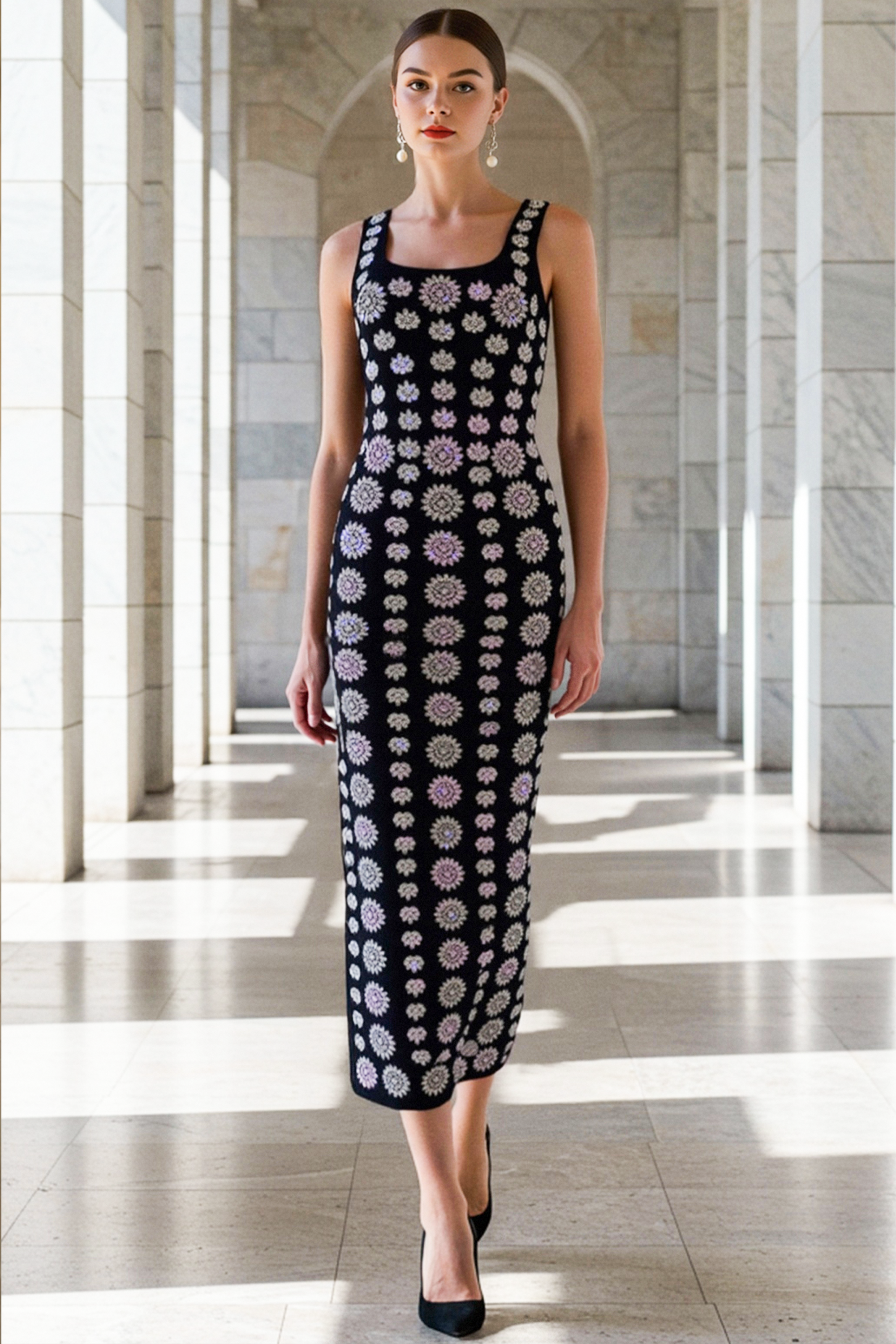 Party Dress​ Black Wide Strape Floral Midi Dress-chiclody