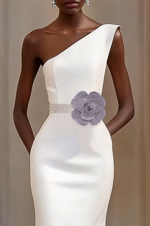 Cocktail Party Dress Off-shoulder Rhinestone Flower Midi Dress