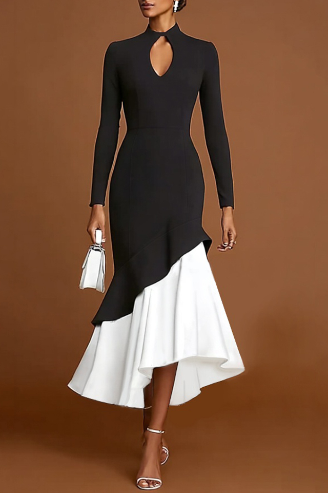 Formal Evening Dress Black White Stand Collar Ruffle Maxi Dress