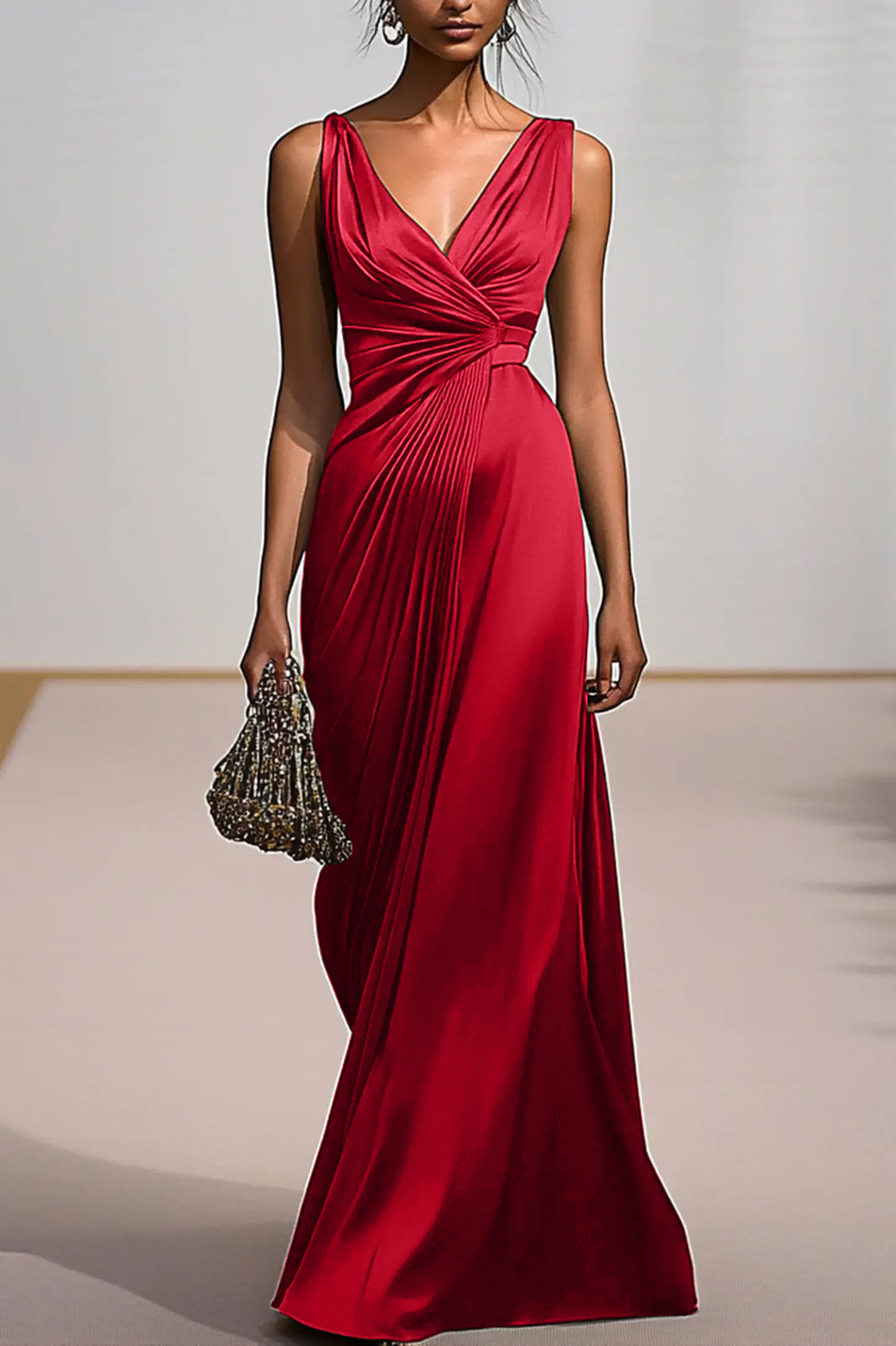 Deep V Formal Dress Green Pleating Maxi Dress