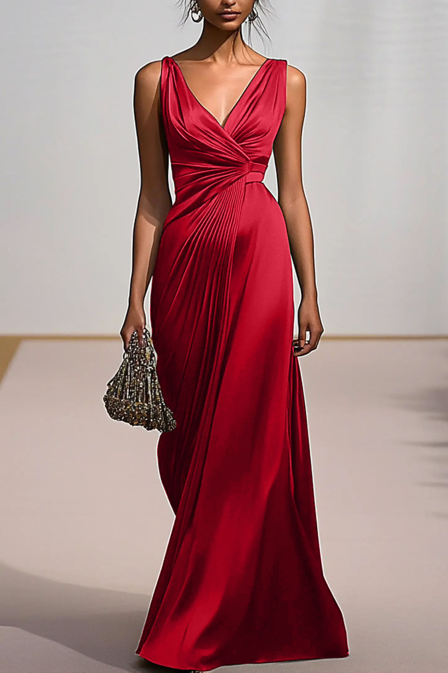 Deep V Formal Dress Green Pleating Maxi Dress