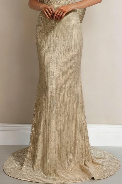 Formal Evening Gold Gown V-Neck Drop Maxi Dress