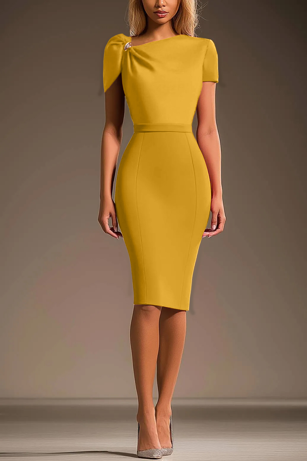 Party Cocktail Dress Asymmetric Neckline Fuchsia Pleated Knee-Length Dress