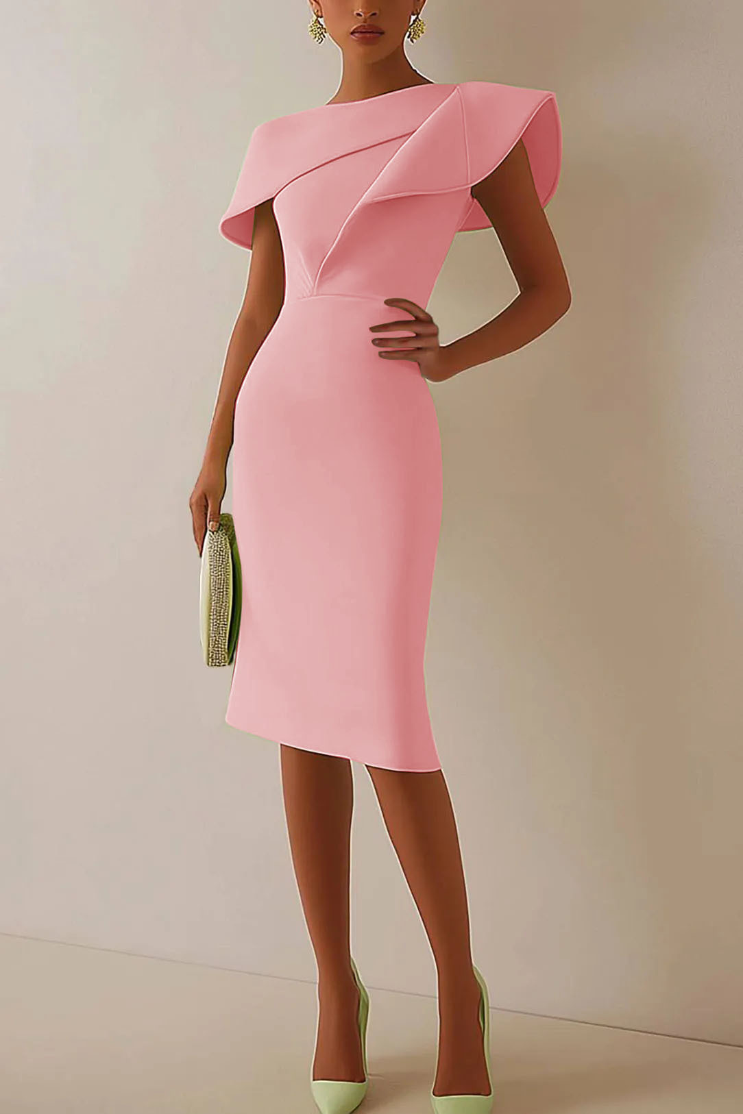 Daily Sage Green Dress Lotus Leaf Sleeve Asymmetrical Layered Bodycon Midi Dress