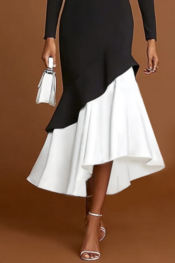 Formal Evening Dress Black White Stand Collar Ruffle Maxi Dress