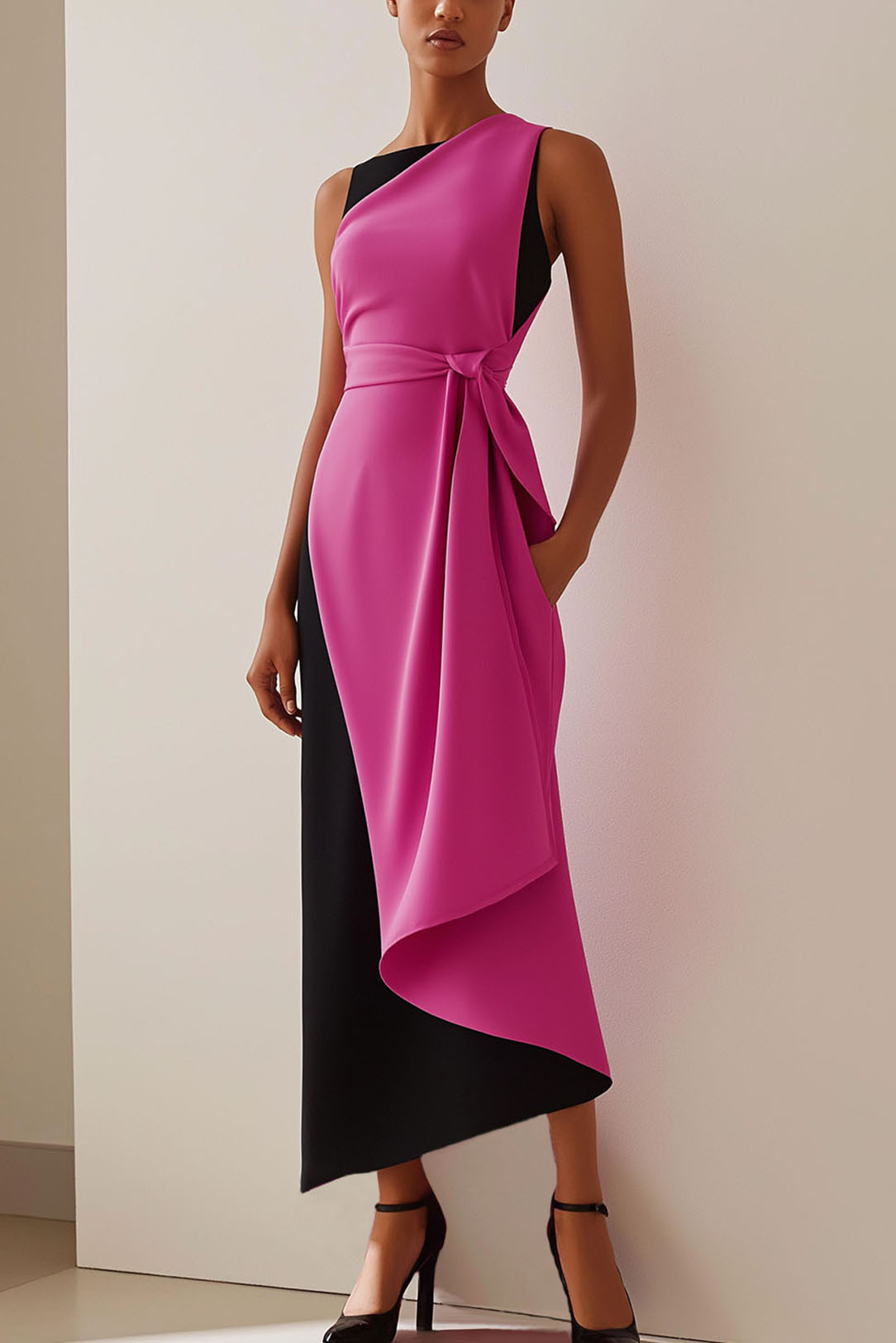 Daily Color-Block Dress Sleeveless Asymmetrical Dress Side Drape Midi Dress