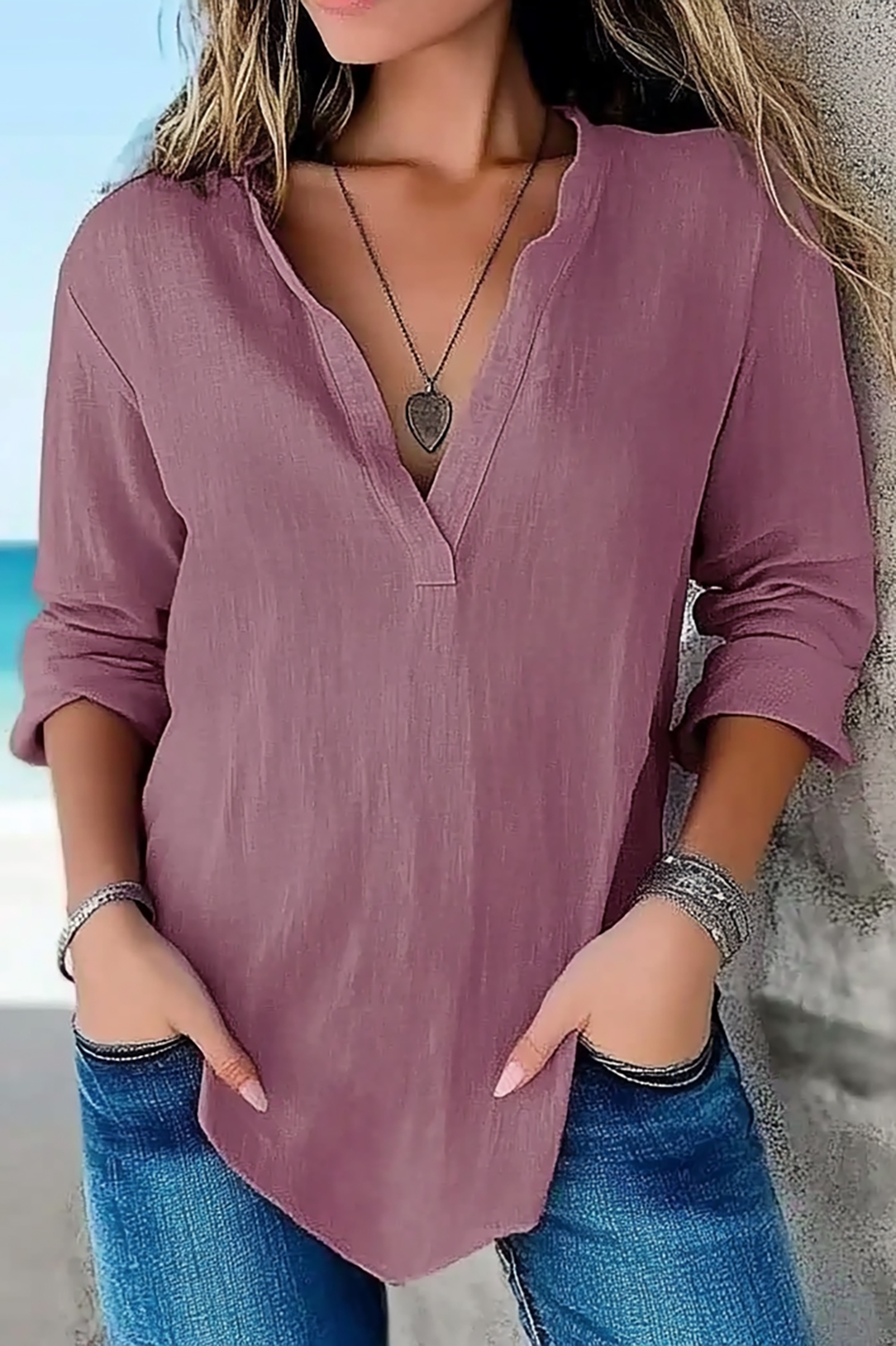 Casual Daily Top Purple Linen Deep V Loose Long Sleeve Shirt