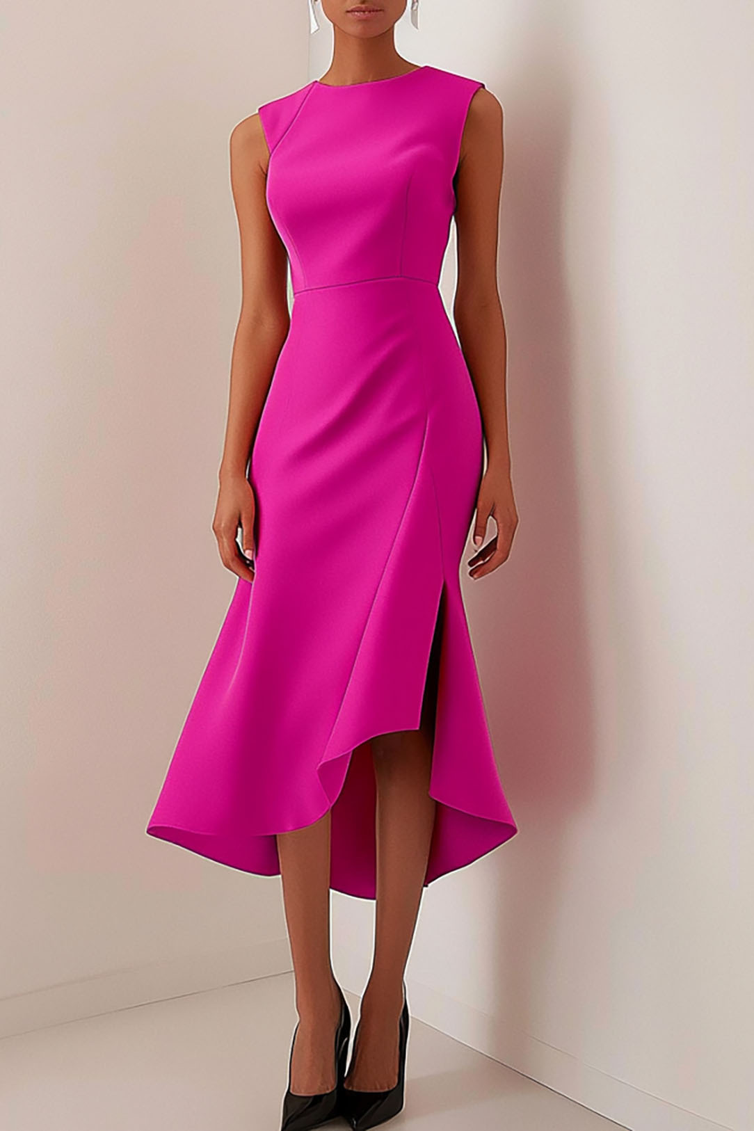 Formal Work Party Boat Neck Royal Blue Sleeveless Belted Slit Midi Dre