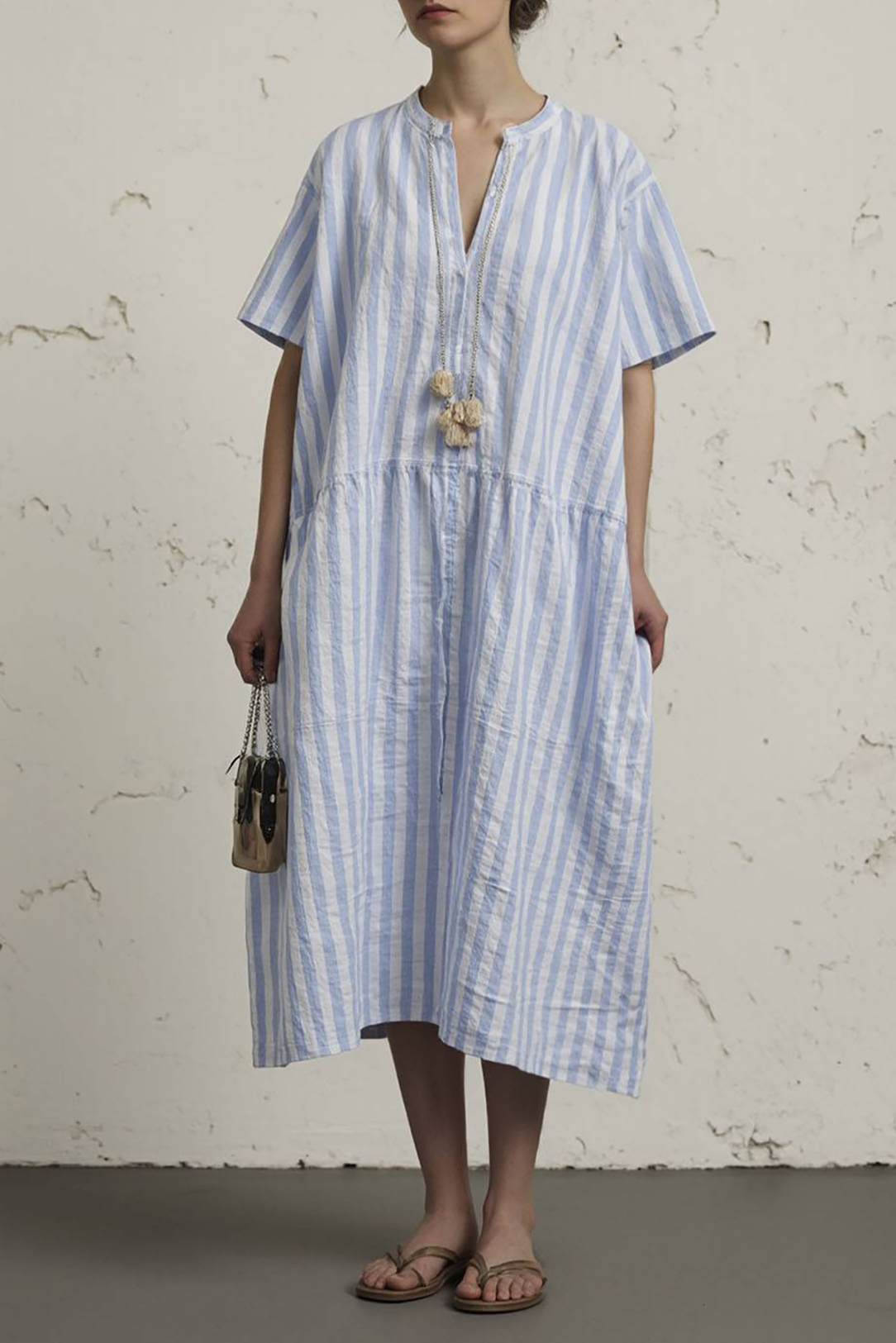 Vacation Casual Dress Blue and White Striped V-Neck Loose Midi Dress