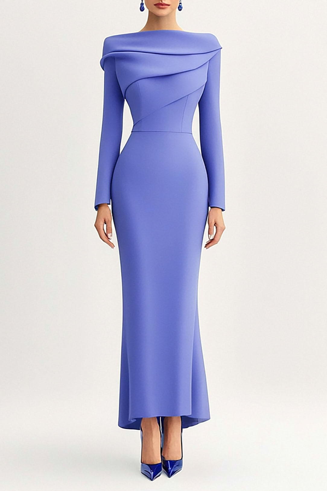 Formal Work Party Boat Neck Royal Blue Sleeveless Belted Slit Midi Dre