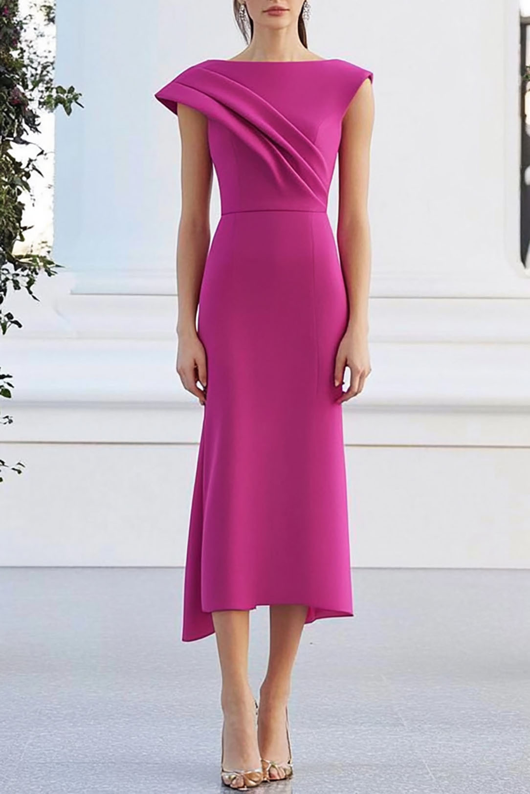 Formal Work Party Boat Neck Royal Blue Sleeveless Belted Slit Midi Dre